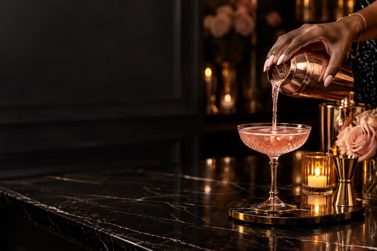 Elegant Black woman pouring a blush cocktail from a rose-gold shaker